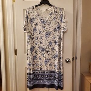 Lucky Brand sz 2X midi t-shirt dress paisley blue/wht boho cottage summer casual